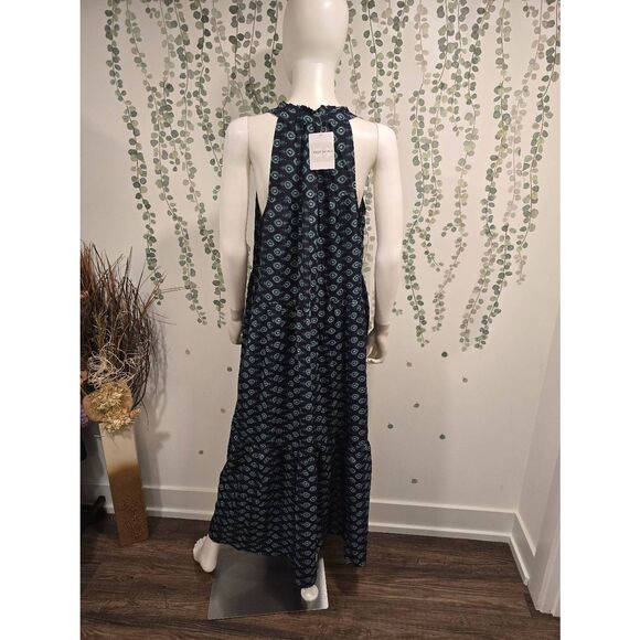Emily Daniels Sleeveless Boho Maxi Dress Navy Teal Print Size L NWT Tiered Tasse - Picture 8 of 12